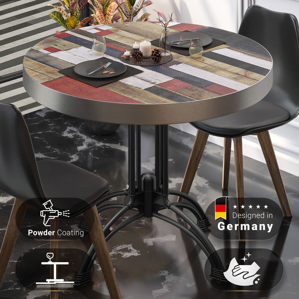 BMLG | Bistro Tisch | Ø 70 x 77 cm | Rund | Edelstahl Rand | Vintage Bunt / Schwarz | Bistrotisch Gastro Tisch