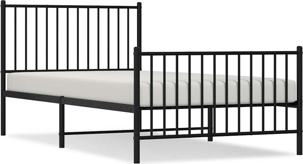 A black metal bed frame with a white mattress is shown against a white background.