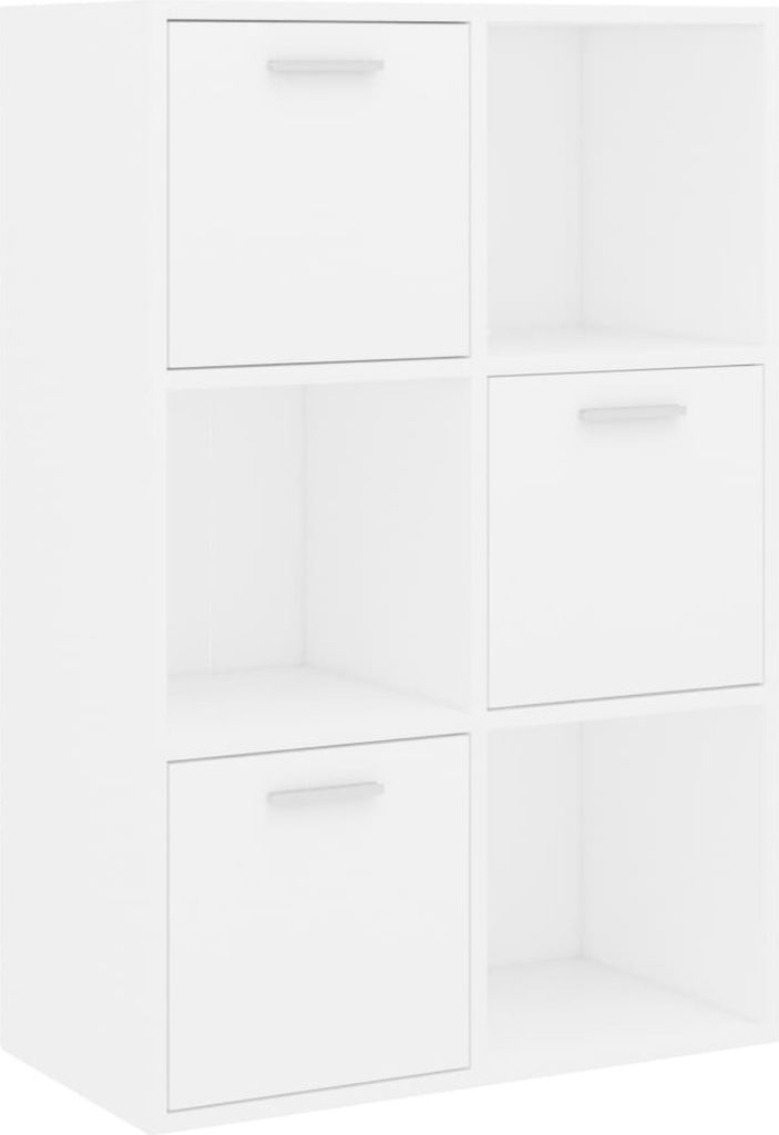 A white modular storage unit with drawers and open shelves.