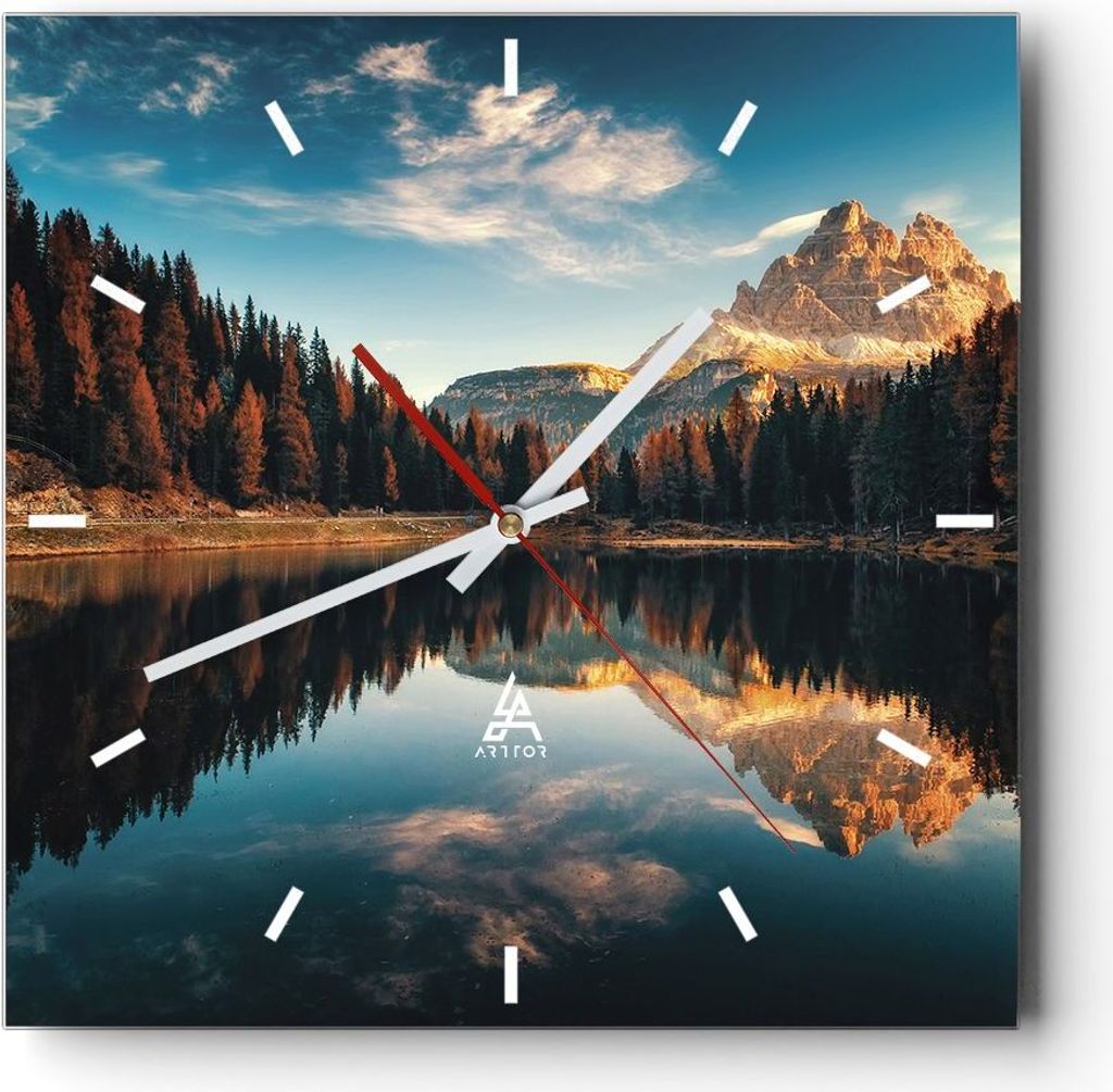Wanduhr - Quadrat - Glasuhr - Spiegelung See Landschaft - 40x40cm - Schleichendes Uhrwerk - Lautlos - zum Aufhängen bereit - Dekoration Modern - W...