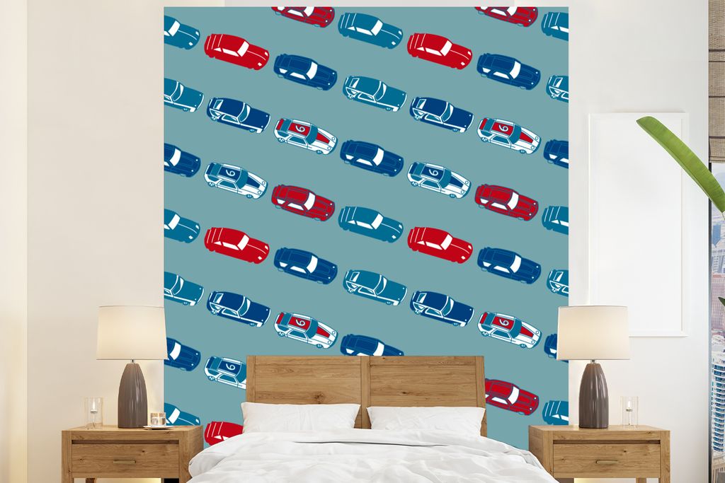 MuchoWow Fototapete für Wohnzimmer oder Schlafzimmer Wandtapete Vinyl Motivtapete Muster - Auto - Rennen - Jungen - Kinder - Kind - 225x280 cm -...