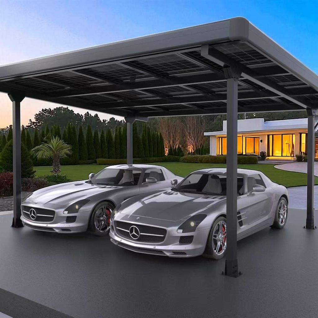 Luxus Solarcarport für 2 Autos aus Alu, Schwarz – 6,45 kWp Photovoltaik mit 15x 430W AESOLAR Solarmodulen – Inkl. Dachverkleidung, Regenrinne ...