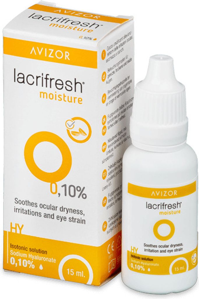 A product shot of Avizor Lacrifresh Moisture eye drops and its packaging.