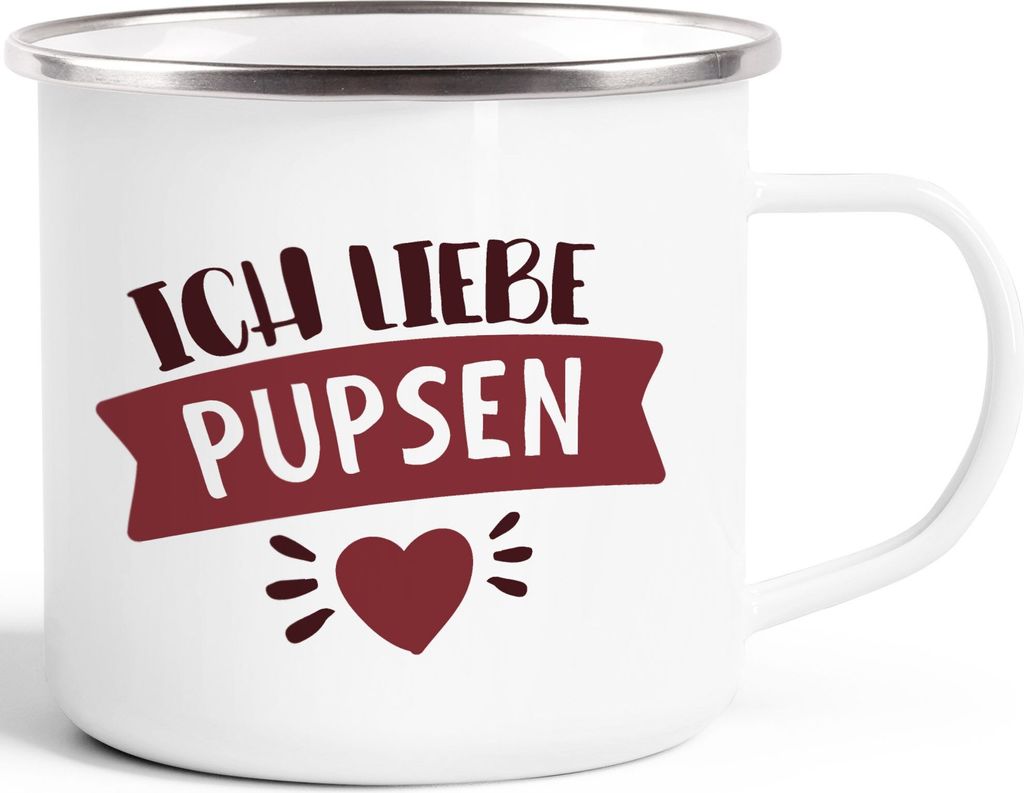 Emaille-Tasse lustiger Spruch Ich liebe pupsen personalisierbares Motiv Wunschname Geschenk witzige Liebeserklärung Emaille-Becher Moonworks wei...