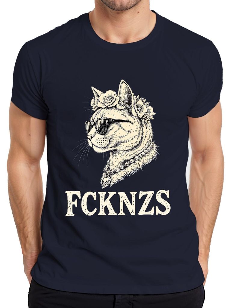 FCKNZS Katze Sonnenbrille Blumenkranz Retro Vintage Geschenk Herren T-Shirt, Navy, XL