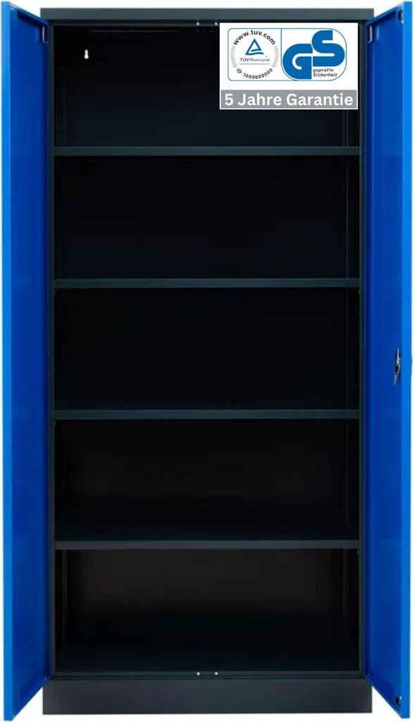 Stahlschrank BEE mit 6 verzinkten Fachböden | HxBxT 195x92x42cm | Korpusfarbe Anthrazit, Frontfarbe Enzianblau | Werkstattschrank Werkzeugschrank ...
