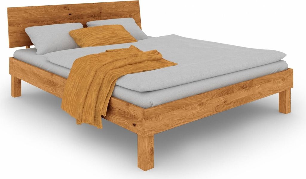 Bett Zigo 1 Sonderlänge 120x210 Wildeiche massiv mit Holzkopfteil und Holzbeinen