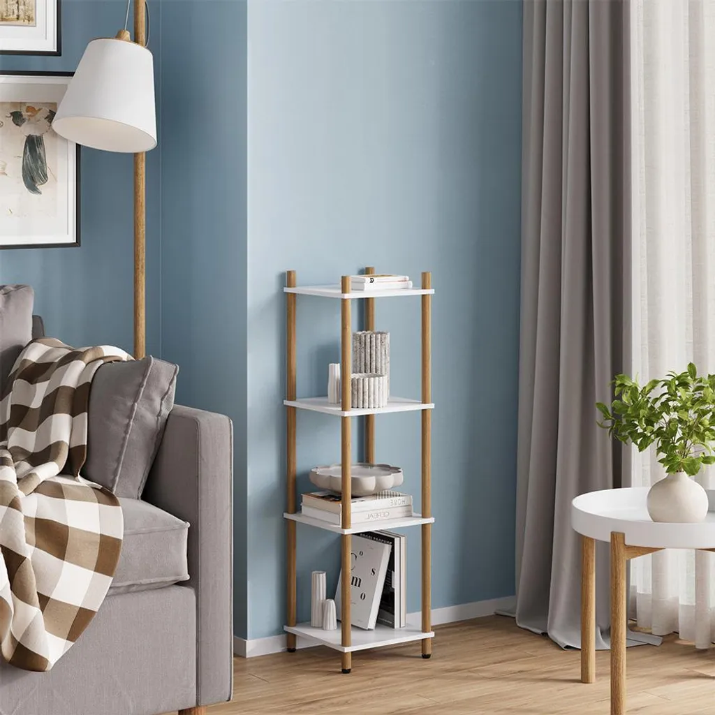 Meuble de rangement d'angle style scandinave blanc et pin à 4 niveaux