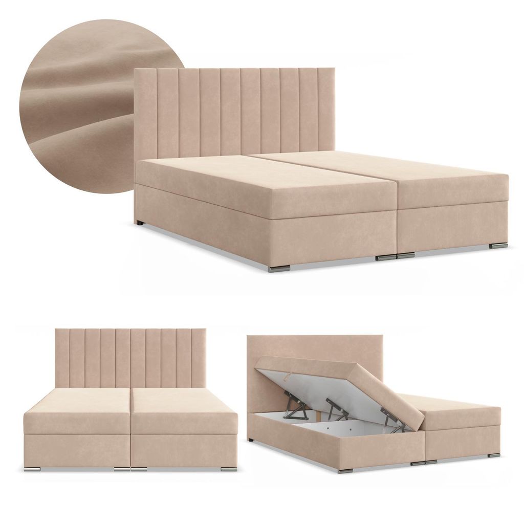 Boxspringbett 140x200 mit 2 Bettkästen, Kontinentales Bett mit Bonell Matratze, Polsterbett, Doppelbett mit Kopfteil, Samtstoff, Beige, AGEN 140 x...