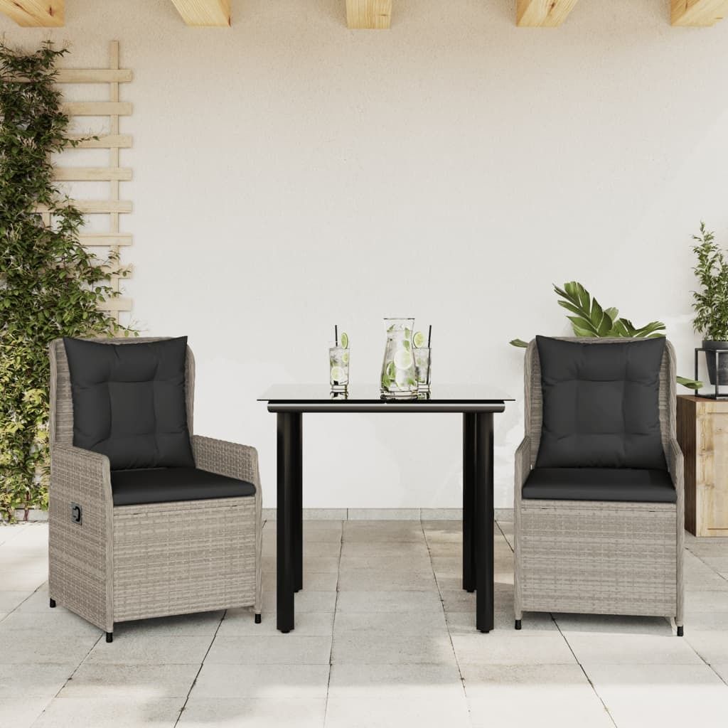 Design 3-tlg. Garten-Essgruppe mit Kissen Hellgrau Poly Rattan, Gartenmöbel-Sets 2024 Neu