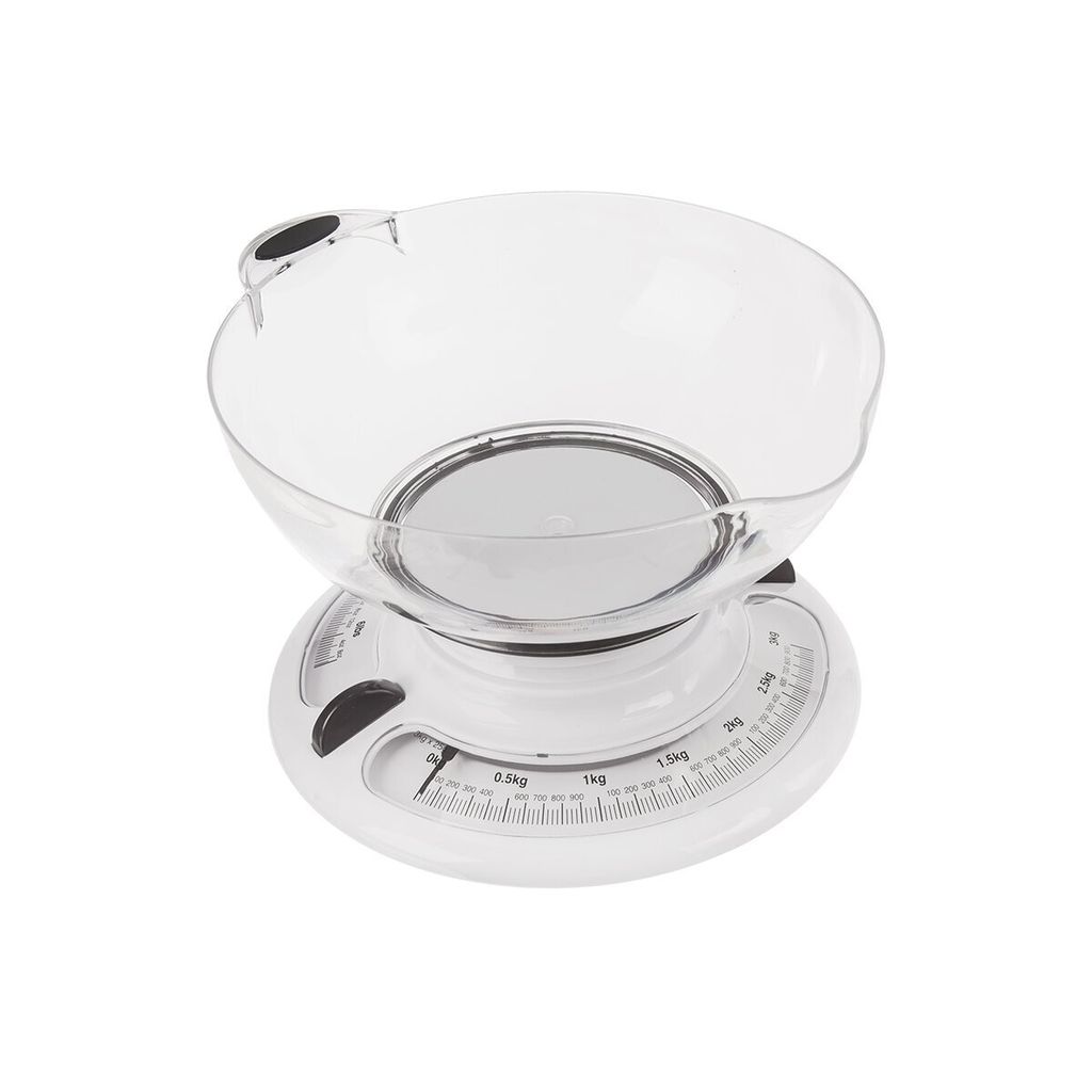 A white mechanical kitchen scale with a clear bowl on a white background.