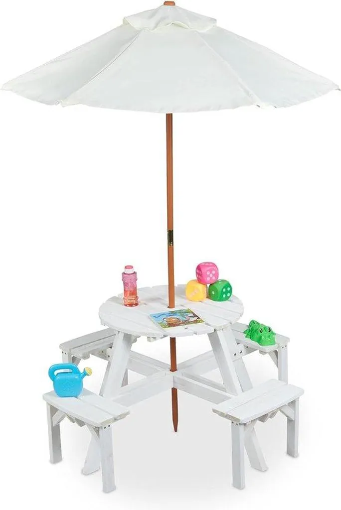 Ensemble table ronde + chaises enfant en bois blanc stable pour jardin