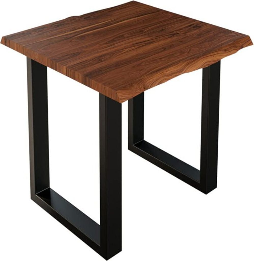 Esszimmertisch 80x80 cm Lauren, Baumkantentisch aus Akazienholz, massiv + nougatfarben, U-Metallgestell Schwarz, Esstisch mit echter Baumkante
