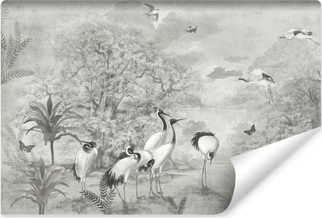 Muralo Selbstklebende Fototapete KRANICHE Vögel Bäume Pflanzen Natur Vintage Br. 360cm x Hö. 240cm