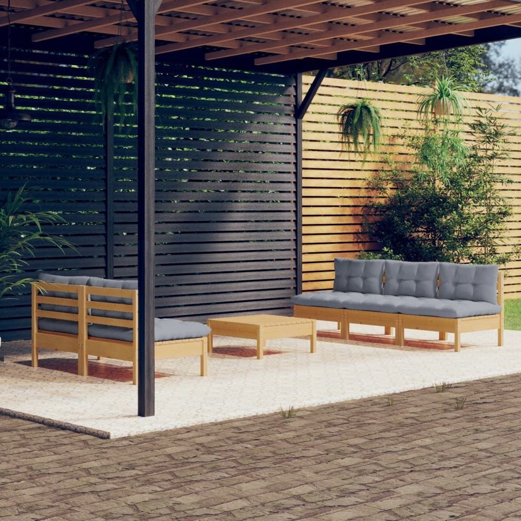 The Living Store 6-tlg. Garten-Lounge-Set mit Grauen Kissen Kiefernholz