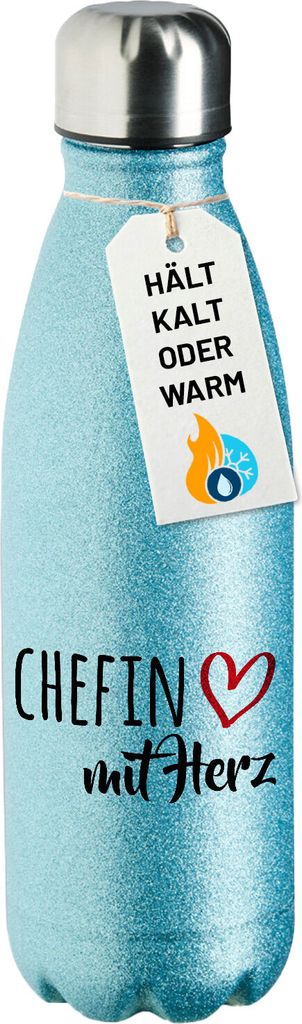 Huuraa Trinkflasche Chefin mit Herz 500ml Blue Edelstahl Wasserflasche Trinkflasche Geschenkidee