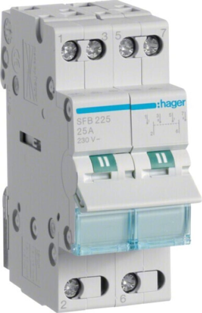 A close-up studio shot of a double-pole circuit breaker.