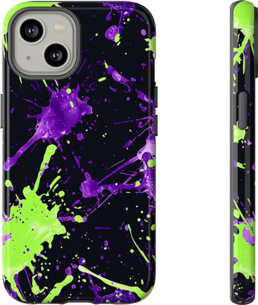 Grüne und lilafarbene Farbspritzer auf schwarzem Hintergrund – Hülle Kompatibel mit iPhone 14