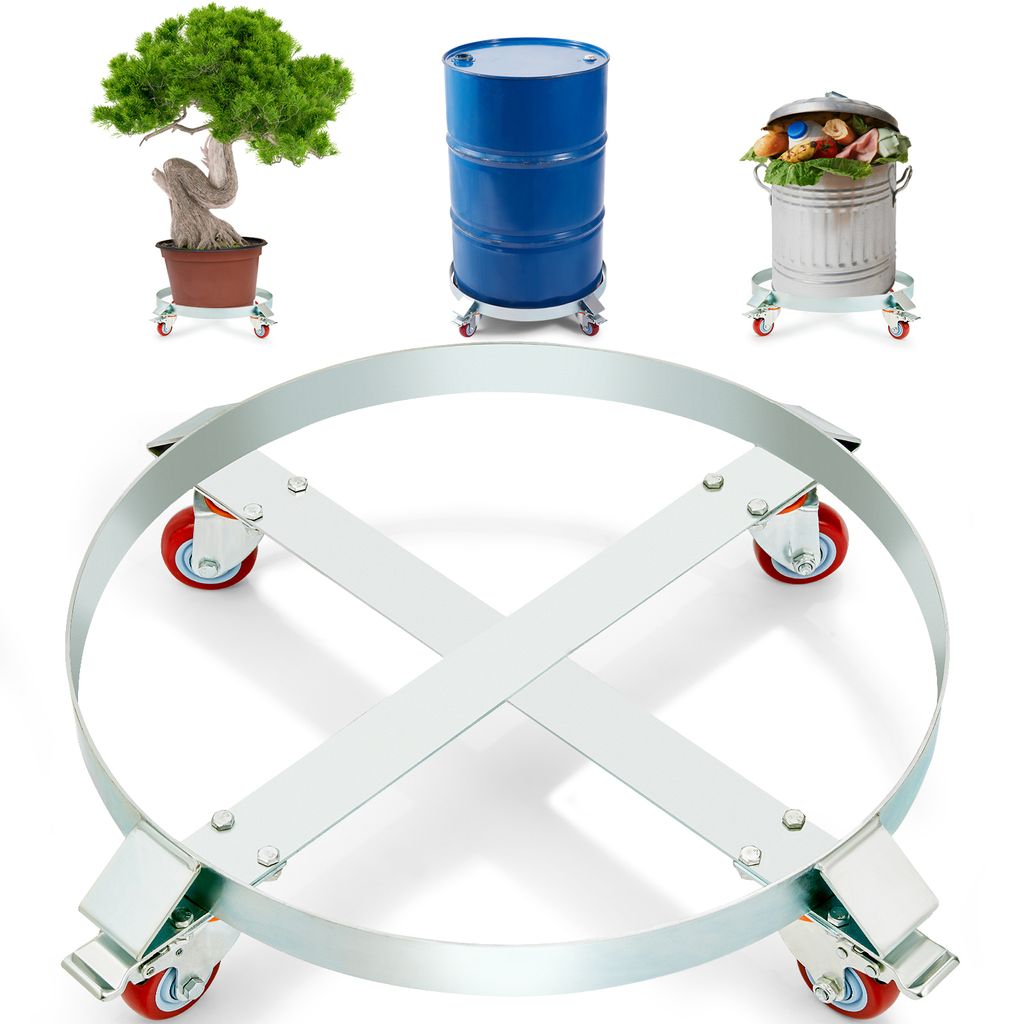 A product shot featuring a metal drum dolly with a bonsai tree, a blue barrel, and a trash can on dollies in the background.