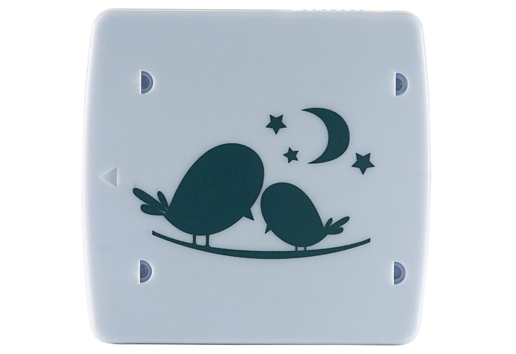 A light blue night light with a dark blue silhouette of two birds on a branch, a moon, and stars.