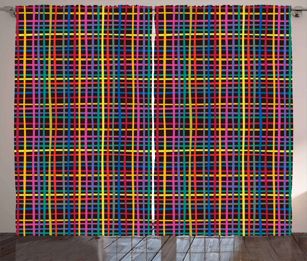 ABAKUHAUS Tenda geometrica rustica, linea minimalista a quadri, tenda con passanti e ganci per camera da letto, 280 x 175 cm, multicolore