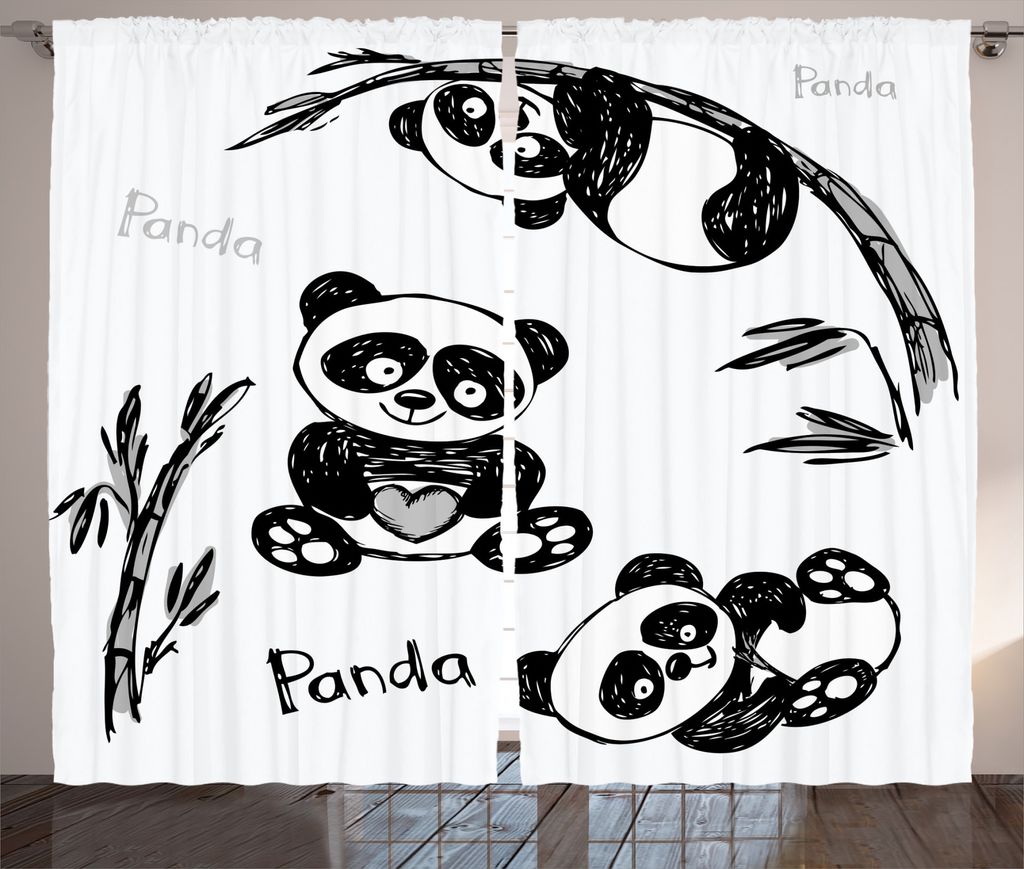 ABAKUHAUS Kids Rustikaler Vorhang, Hand gezeichnet Panda Poses, Wohnzimmer Universalband Gardinen mit Schlaufen und Haken, 280 x 175 cm, Weiß Schwarz