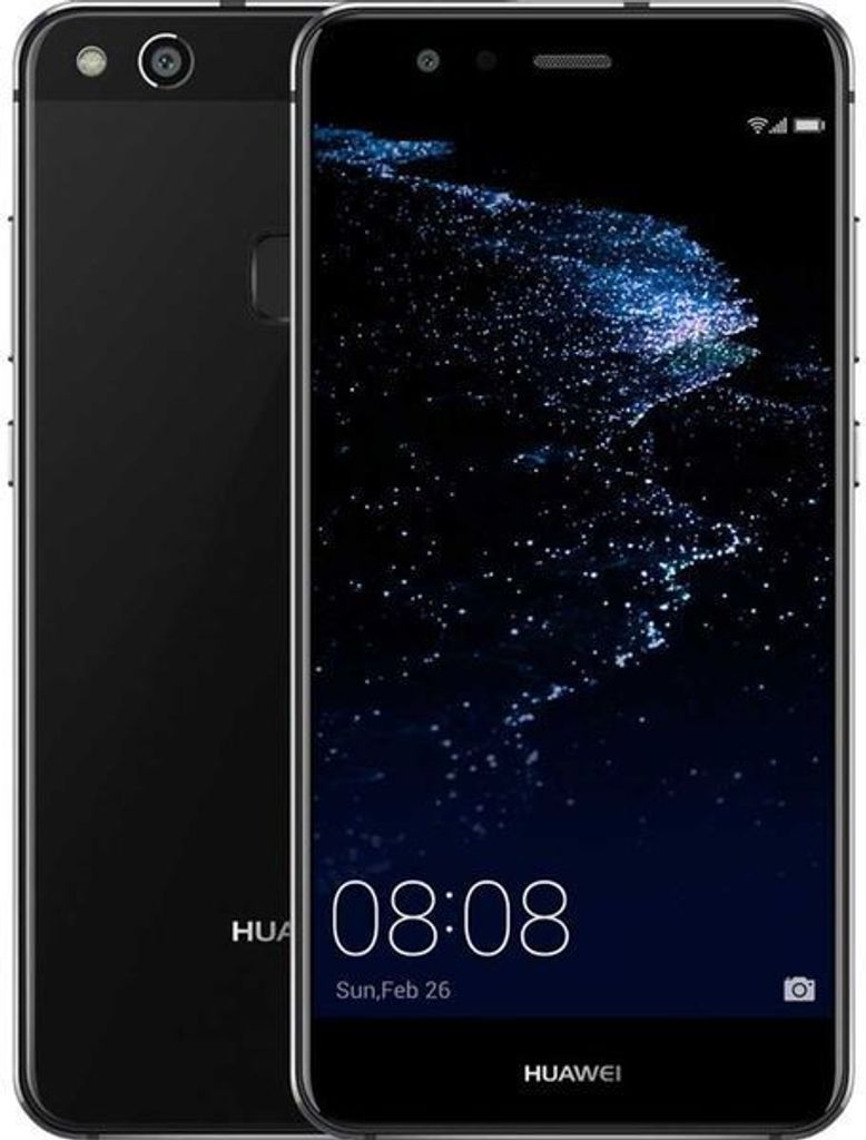 A black Huawei P10 Lite smartphone is shown from the front and back, with the screen displaying the time and date.