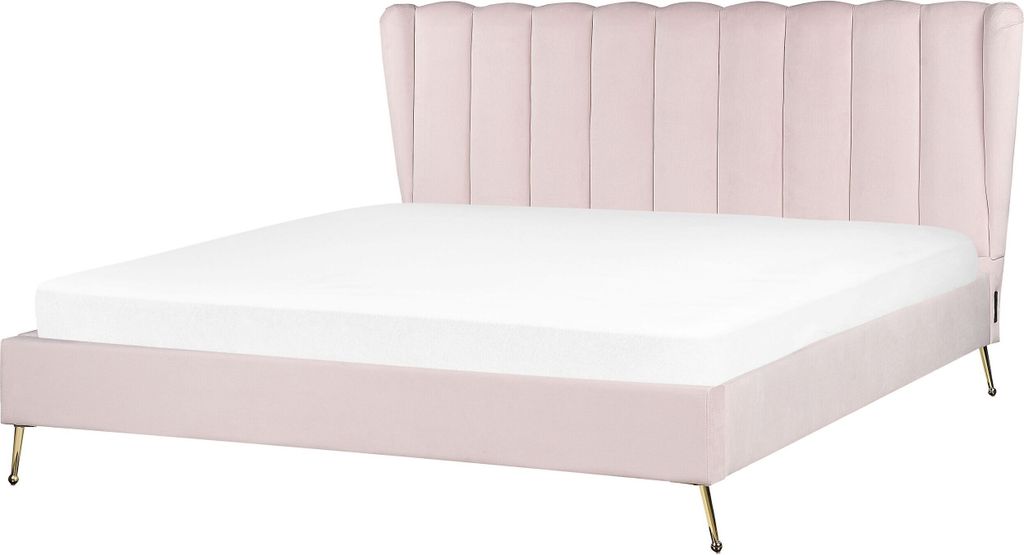 BELIANI Polsterbett Rosa aus Samt 180 x 200 cm mit USB-Anschluss Hohes Kopfteil Goldene Beine Elegant Modern Samtbett für Schlafzimmer