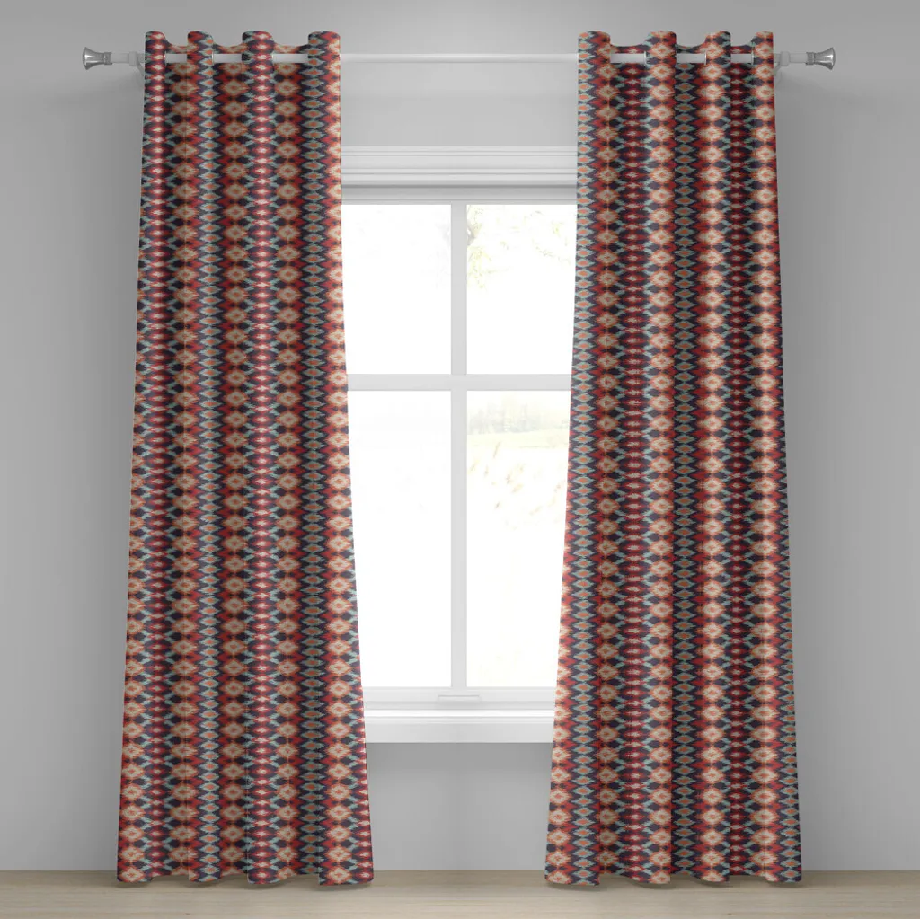 Rideaux à Œillets 2 Panneaux Ikat Ornemental 280x175cm Orange et Vert