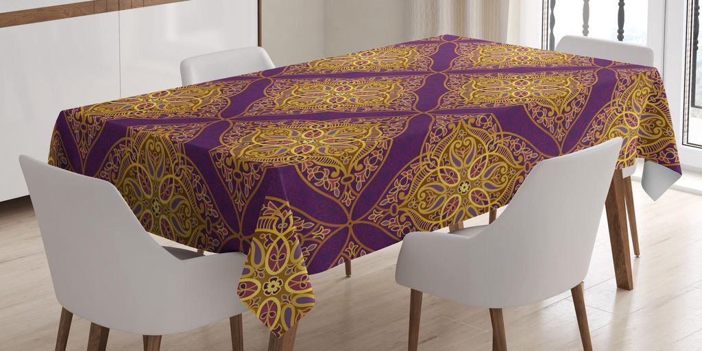 ABAKUHAUS orientalisch Tischdecke, Arabian Ethnic Zier Lacy Far Eastern Traditional Filigree Motiv, 140 x 240 cm, Lila und Dunkelgelb