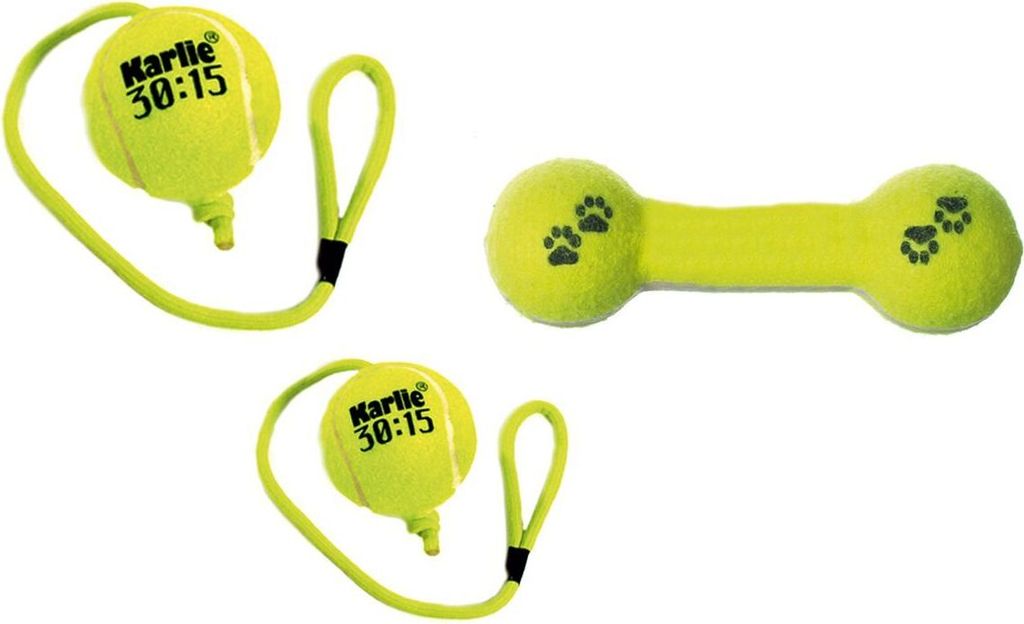 Karlie Hunde Tennisspielzeug 30:15 Ball oder Hantel, Motiv:Ball mit Seil ø 8 cm gelb
