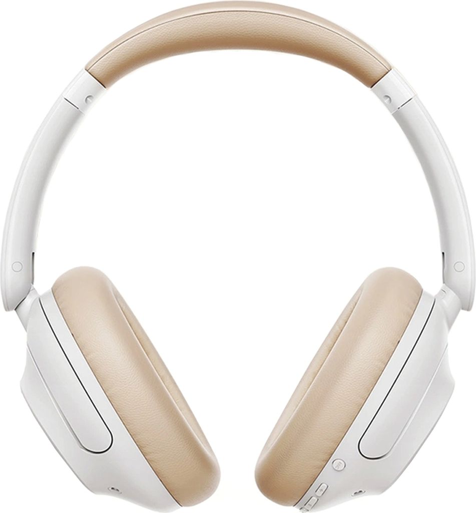 A pair of white and tan over-ear headphones are shown from the front against a white background.