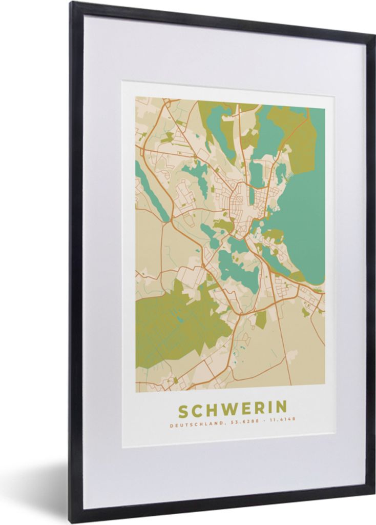 MuchoWow Gerahmtes Poster Vintage - Stadtplan - Schwerin - Karte 40x60 cm - Poster mit Schwarzem Bilderrahmen Wandposter Rahmen Foto Bilder - Pos...