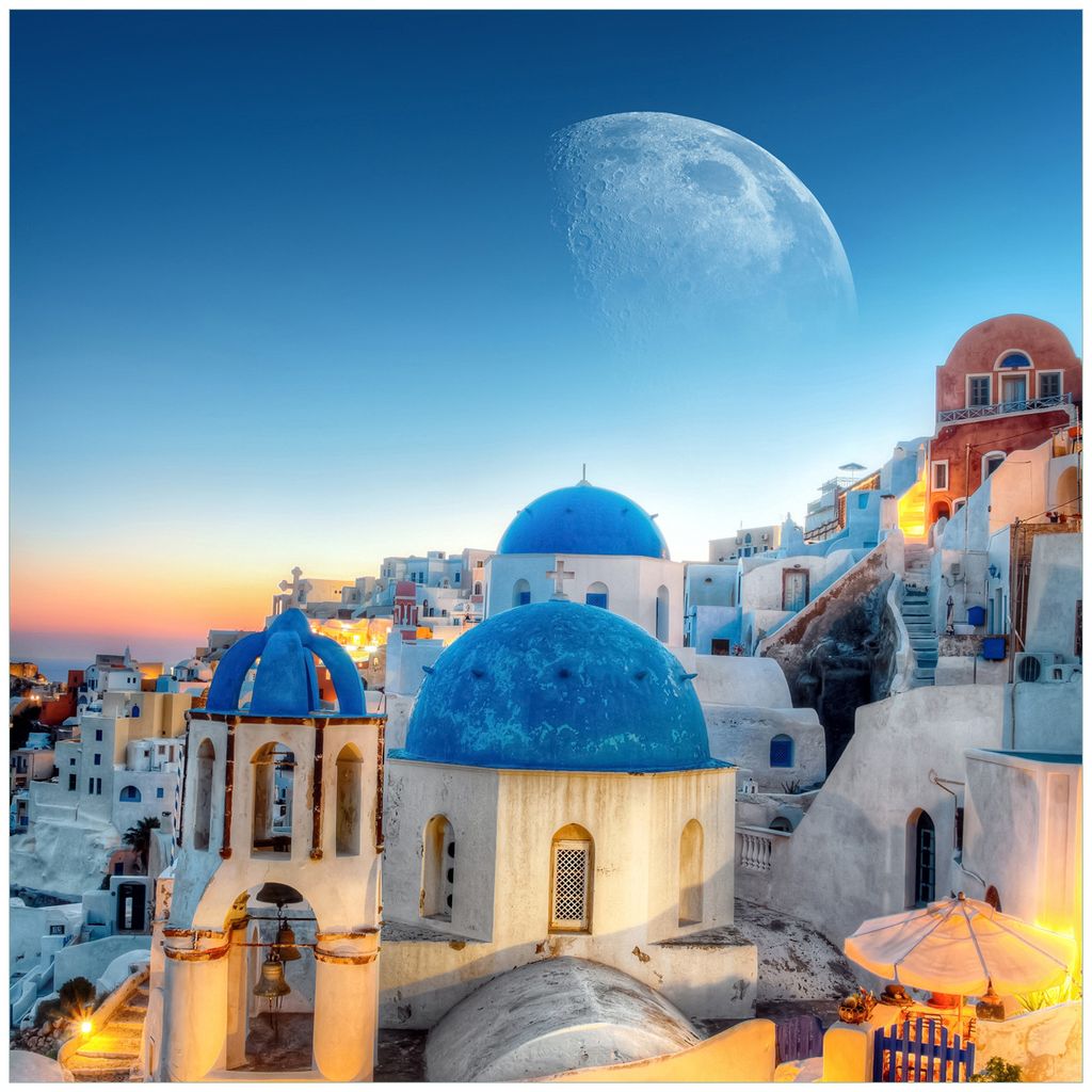 Wallario Premium Glasbild, freischwebende Optik, kräftige Farben, Größe 50 x 50 cm Motiv Urlaub auf Santorini