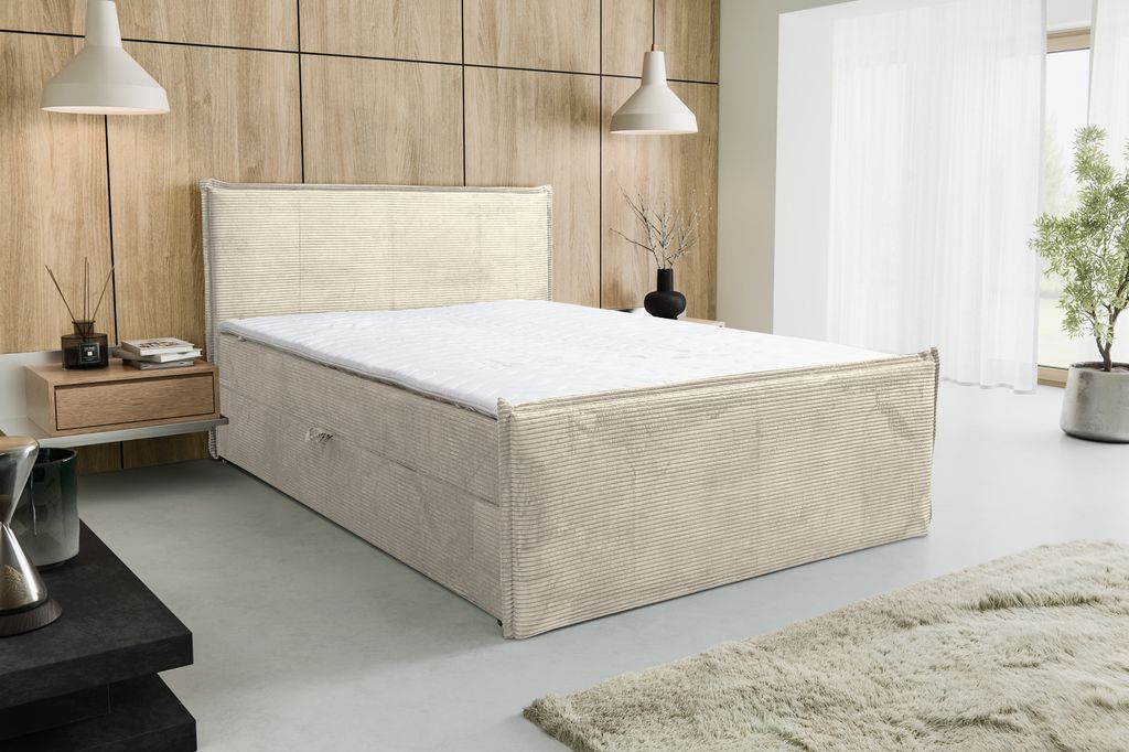 VENASI VANESSA Boxspringbett 140x200 mit 2 Bettkasten H2/H3 Matratze BEIGE CORD Lincoln 03