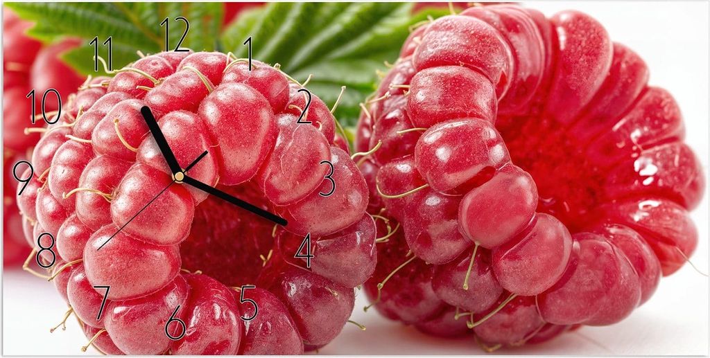 Wanduhr aus Glas mit Motiv Frische Himbeeren- 60 x 30 cm - inkl. Aufhängesystem