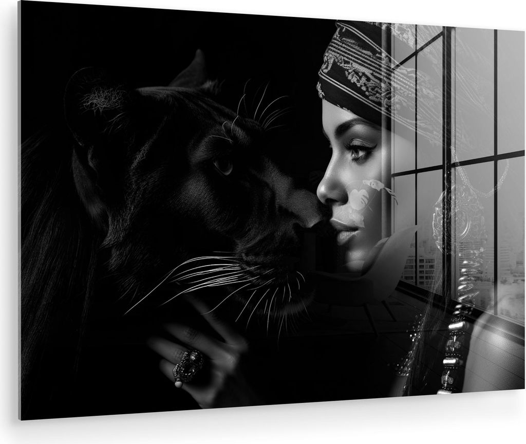 MuchoWow Glasbilder - Bilder auf Wandbild - Foto auf Glas Frau - Panther - Luxus - Schwarz - Weiß - Tier 60x40 cm Wanddekoration aus Glas - Acrylg...