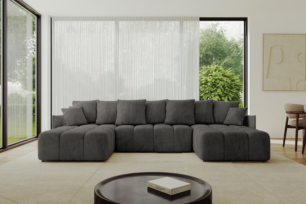 ALTDECOR Ecksofa in U-Form mit Schlaffunktion und Bettkasten LONLI-U 355x189x68 cm Dunkelgrau - Corner Sofa Bett Eckcouch Couch L-Form Schlafcouch ...