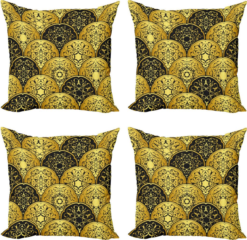 ABAKUHAUS Mandala Kissenbezug Set (4 Stück), Maßstab Stil Kreise, Moderner Doppelseitiger Digitaldruck, 50 cm x 50 cm, Gelb und Schwarz