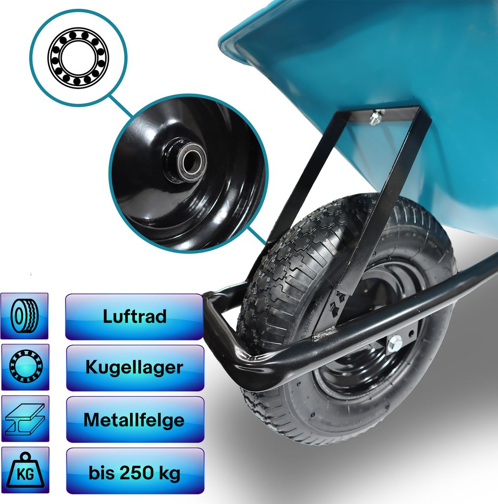 Produktbild von Haemmerlin Einrad-Schubkarre 120 L BITUXX Schubkarre 100L Blau - Schiebkarre Mit Luftreifen Für 250kg Belastung Schubkarren Blau Kugelgelagert