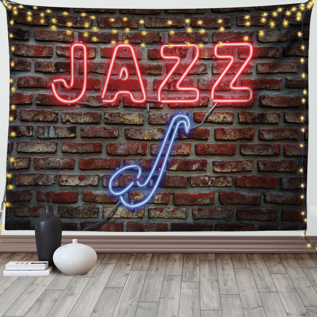 ABAKUHAUS Musik Wandteppich, Alle Jazz-Zeichen-Backsteinmauer, Wohnzimmer Schlafzimmer Heim Seidiges Satin Wandteppich, 200 x 150 cm, Blau Rot
