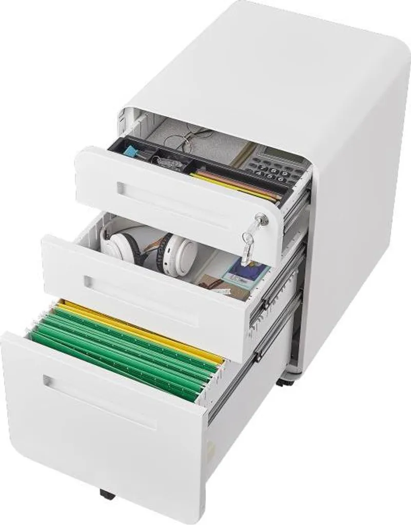 Caisson de bureau à roulettes avec 3 tiroirs de rangement blanc mat - 12