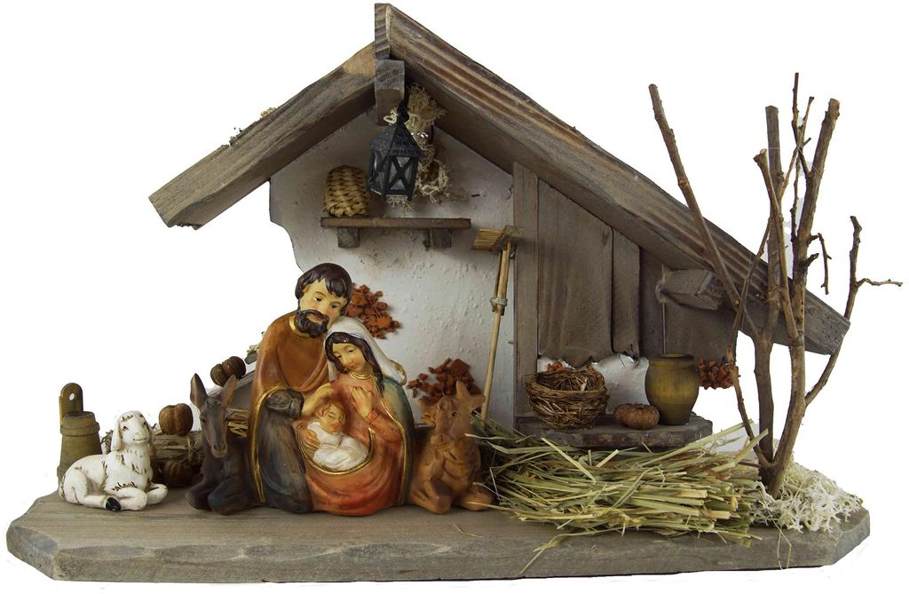 Traditionelle Weihnachtskrippe Treuf inkl. Heilige Familie mit Ochs und Esel 74197 und einem Schaf, Maße Krippe: ca. 30 x 11 x 18 cm