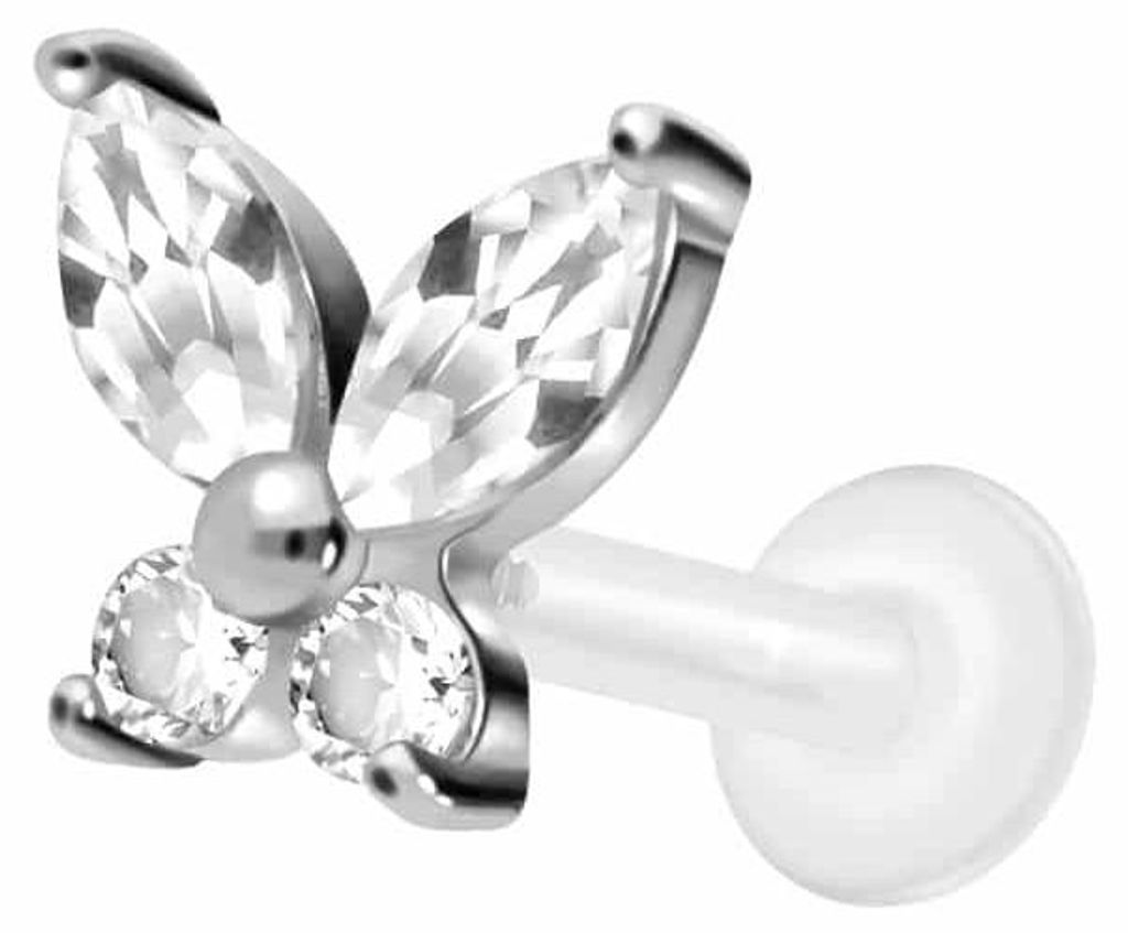 Ohrpiercing, Nasenpiercing PTFE Labret mit Innengewinde + Titan-Aufsatz KRISTALLSCHMETTERLING Silber Stablänge: 7mm | Stabstärke: 1,6mm