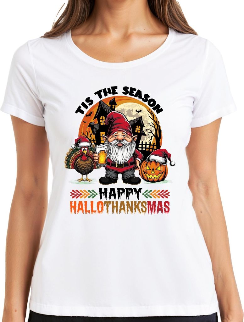 Happy Hallothanksmas Gnome Turkey Jack O Lantern Haunted Pumpkin Damen T-Shirt, Weiß, XL