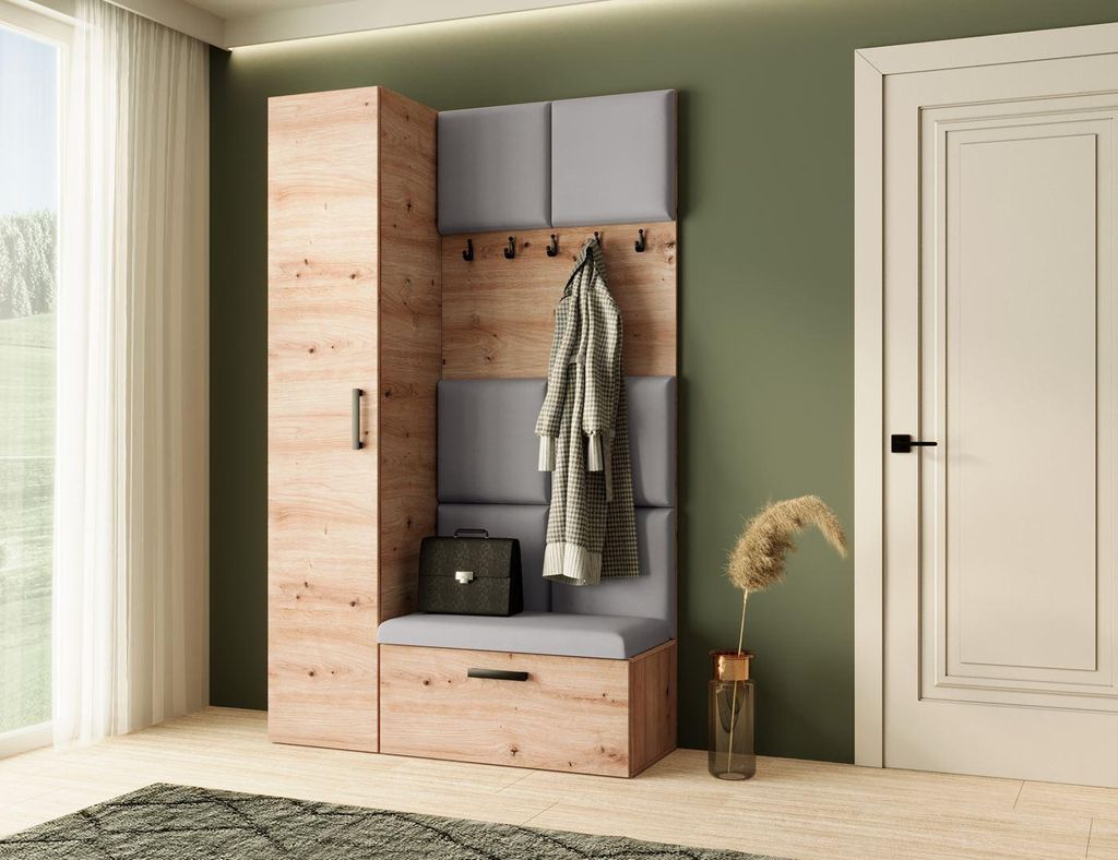 Garderobenschrank MARGARET I+IV mit gepolsterten Paneelen und Kleiderhaken, Eiche Artisan + Grau
