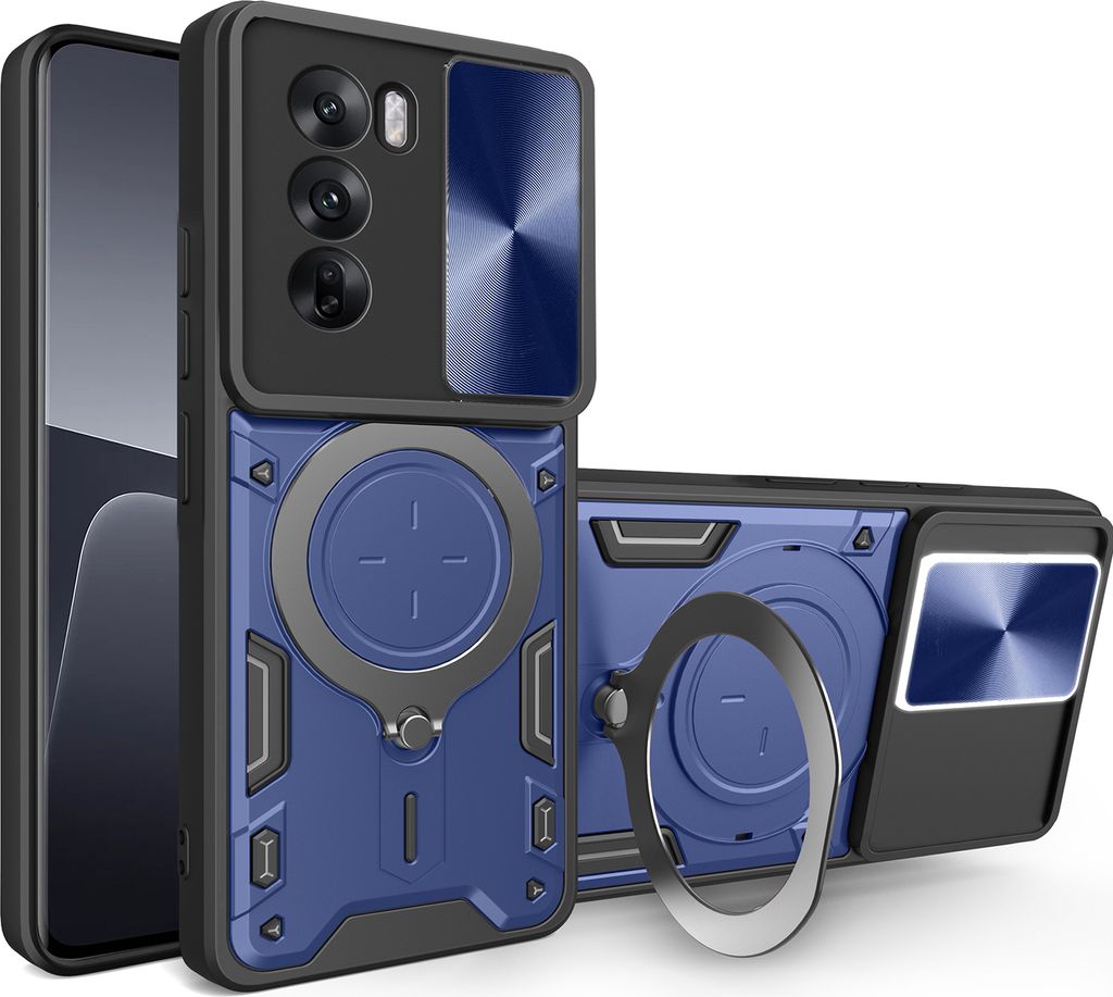 Handyhülle für Oppo Reno12 Dual-Layer Stoßfest Rüstung Hülle mit Dia Kameraschutz und Kreisförmig Ring Ständer Blau