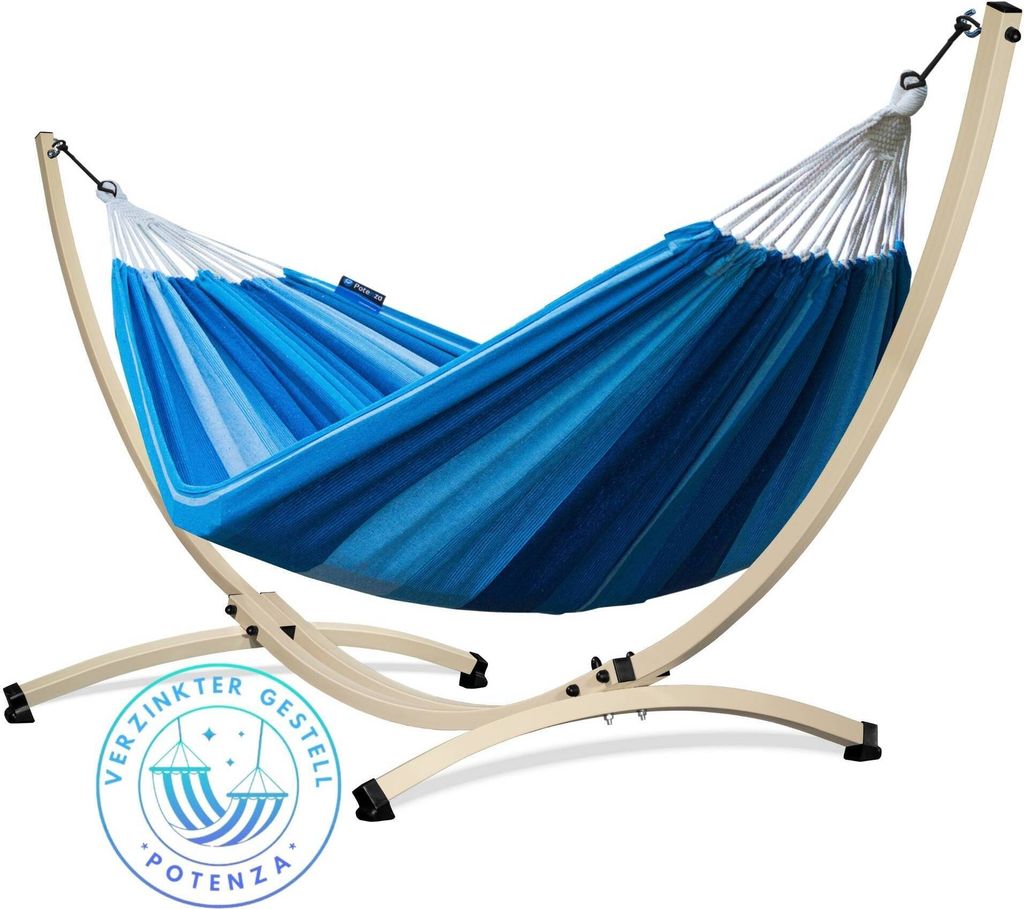Potenza Outdoor Hängematte mit Verzinkter Gestell für 2 Personen I Baumwolle Doppelhängematte XXL 220x160, 200kg I Ecru Hängemattengestell 220k...