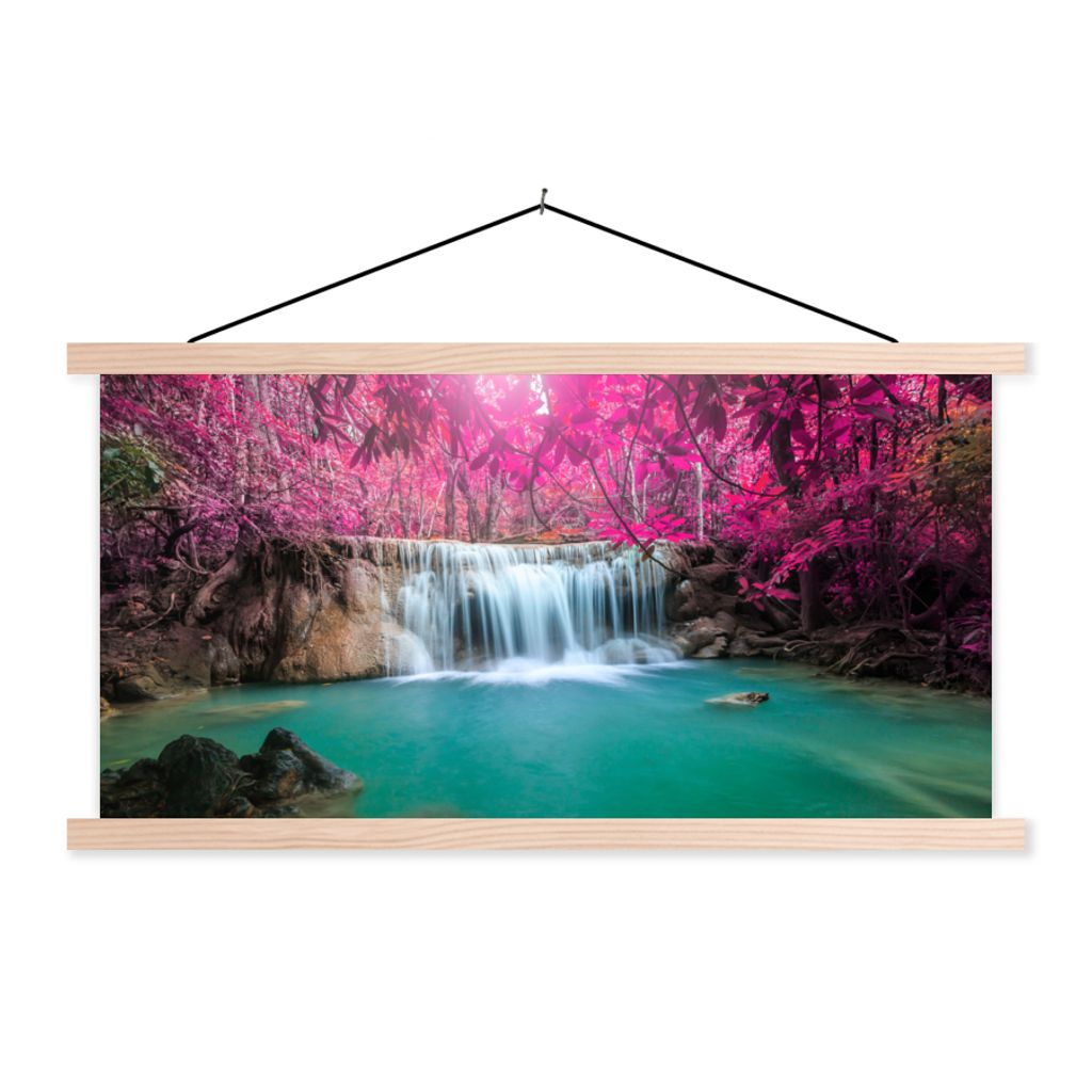 MuchoWow Textilposter Wasserfall - Baum - Rosa - Natur 60x30 cm mit holzfarbenen Rahmen - Dekoration