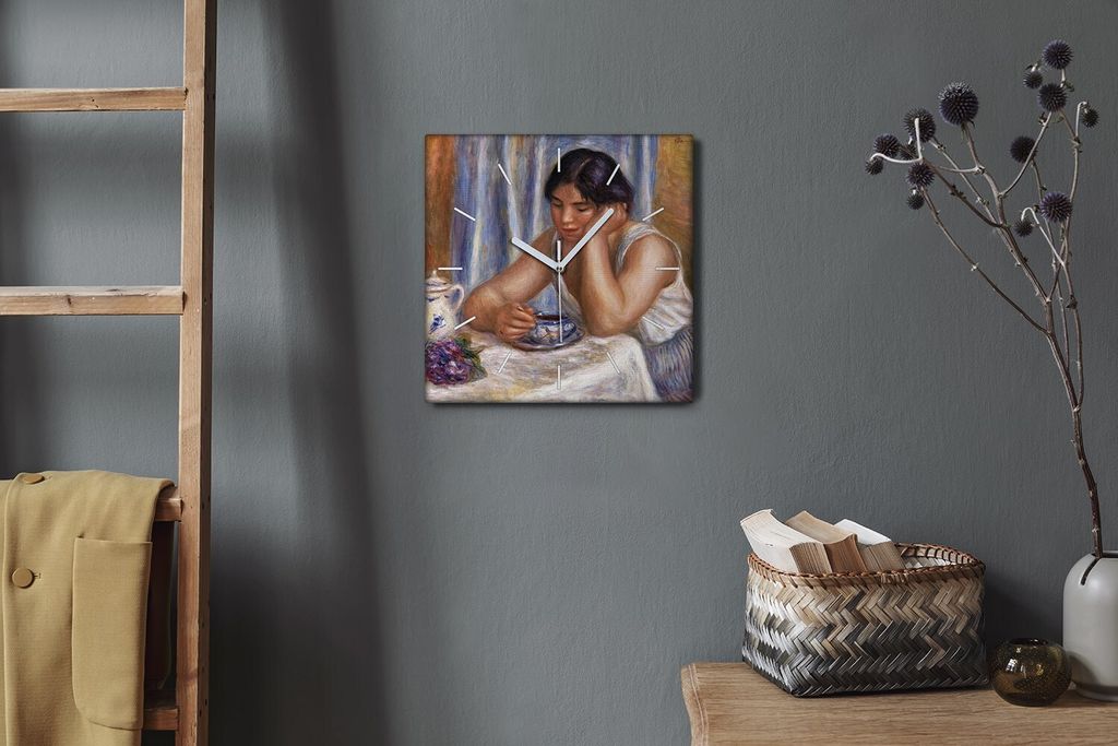 Coloray Hodiny Unikátní 30x30 cm Tiché hodiny Pro obývací pokoj a kuchyň Nástěnné hodiny Plátno Bílé ručičky hodin - Žena káva